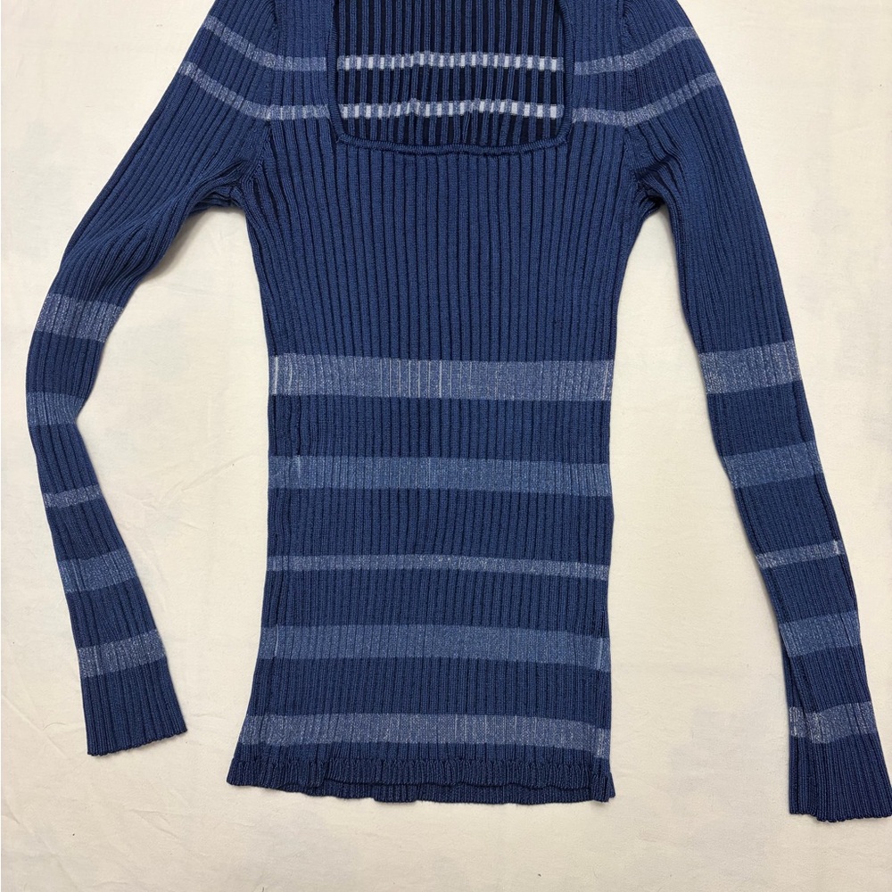 White House Black Market Blue Striped Sweater Blouse
